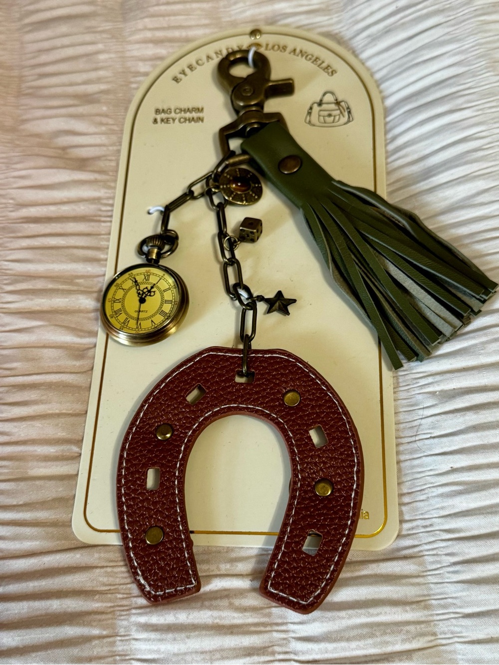 Eye Candy Green Tassel & Brown Horseshoe Bag Charm Keychain with Working Watch